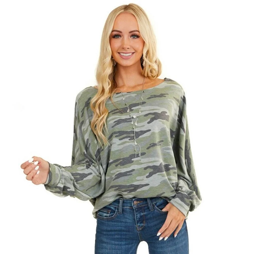 Sage & Grey Camo Knit Top w/ Long Dolman Sleeves - Picture 2 of 9